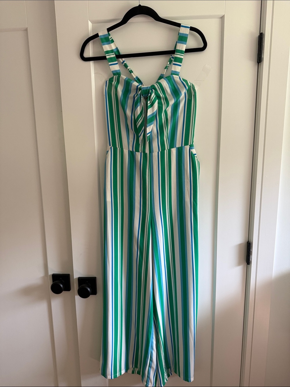 a new day Green, Blue & White Striped Tie-Front Wide-Leg Jumpsuit